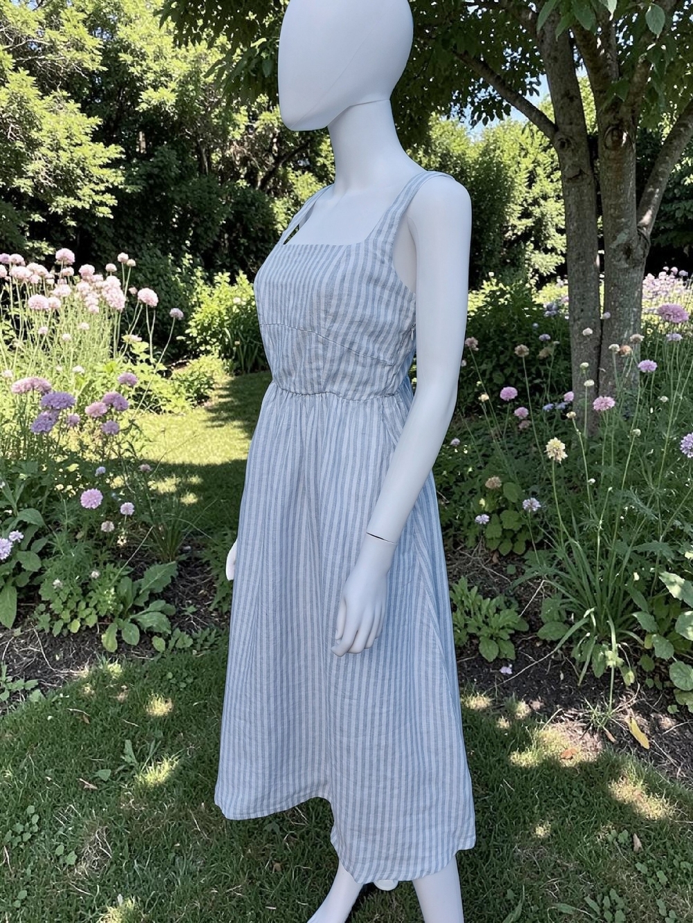 Quince 100% European Linen Fit & Flare Midi Dress Sky Blue Mariner Stripe S NWT - Picture 5 of 16